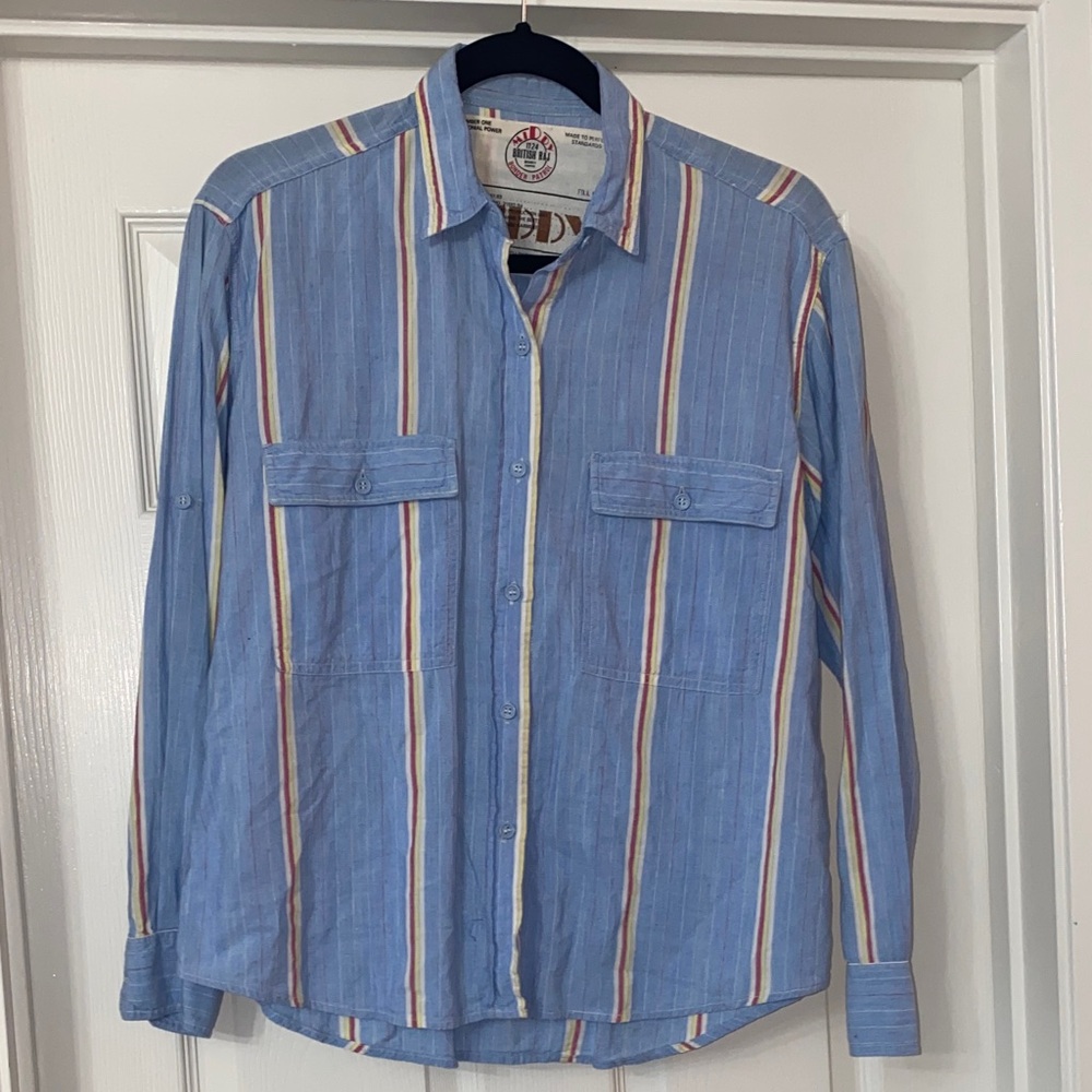 Vintage British Raj Blue Striped Button Down Shirt. Size medium